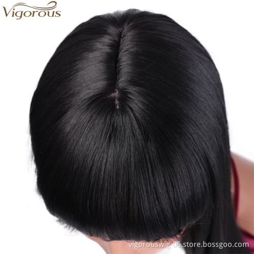 Vigorous 28 Inches Glueless Black Long Silky Straight Middle Part Wig With Bangs Frontal Lace Synthetic Hair Wig